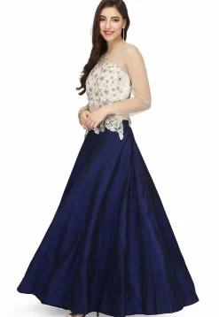 Embroidered Raw Silk Gown in Off White and Navy Blue