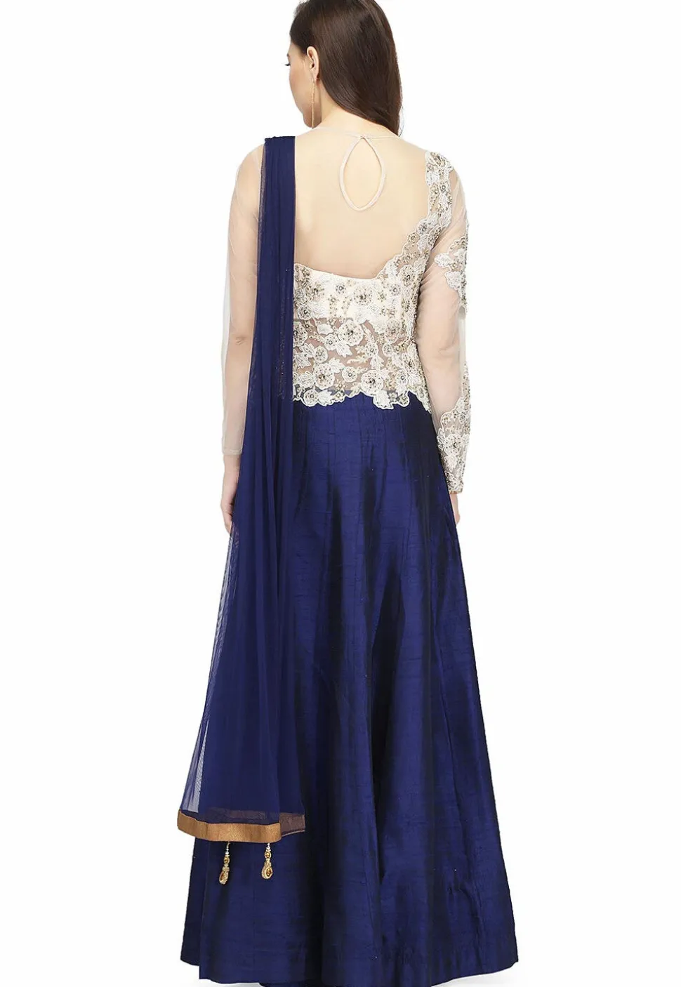 Embroidered Raw Silk Gown in Off White and Navy Blue