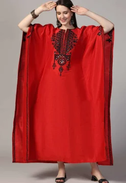 Embroidered Raw Silk Kaftan Style Dress in Red