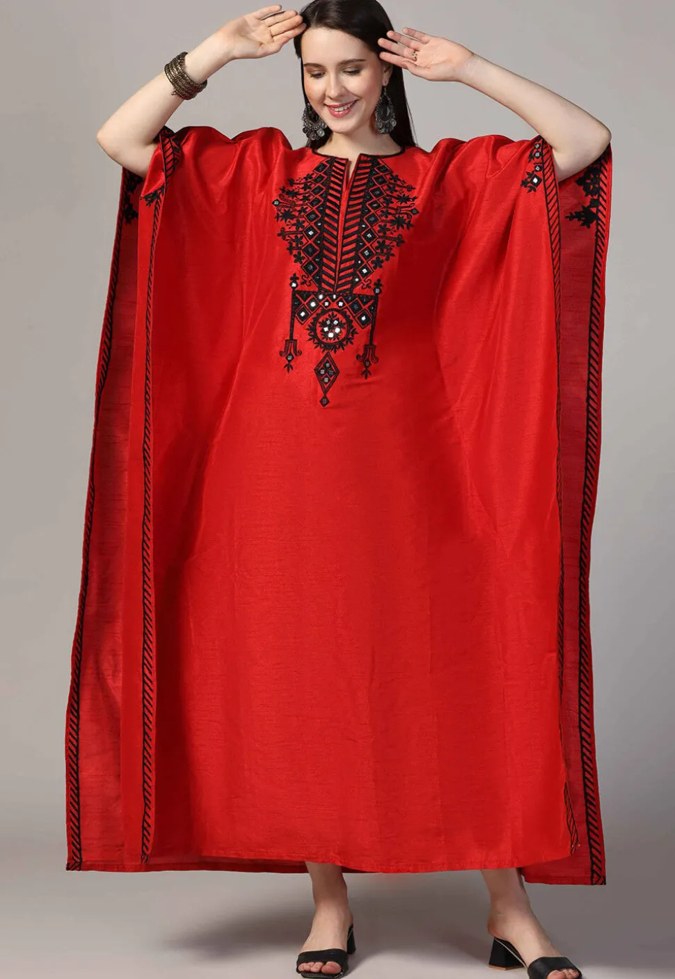 Embroidered Raw Silk Kaftan Style Dress in Red