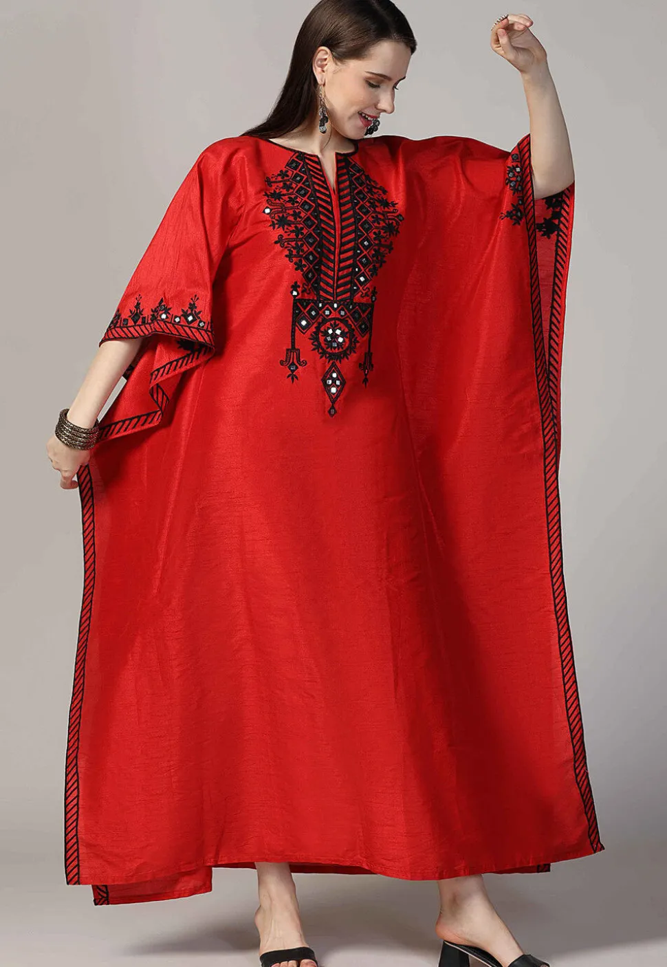 Embroidered Raw Silk Kaftan Style Dress in Red