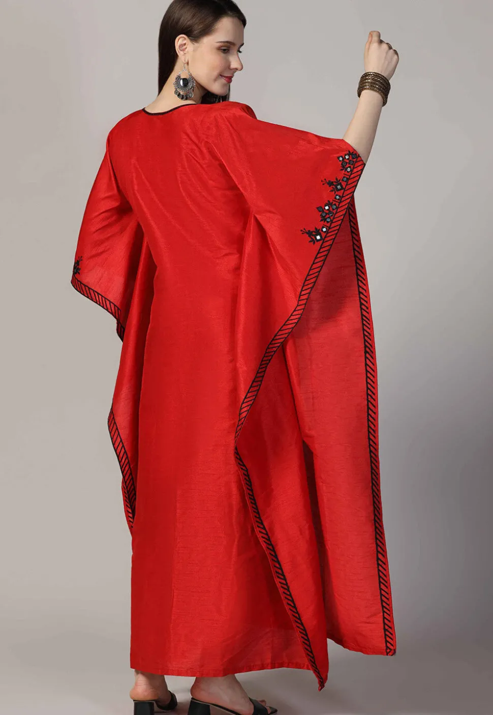 Embroidered Raw Silk Kaftan Style Dress in Red