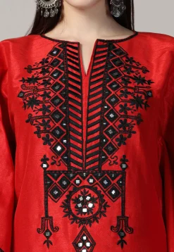Embroidered Raw Silk Kaftan Style Dress in Red