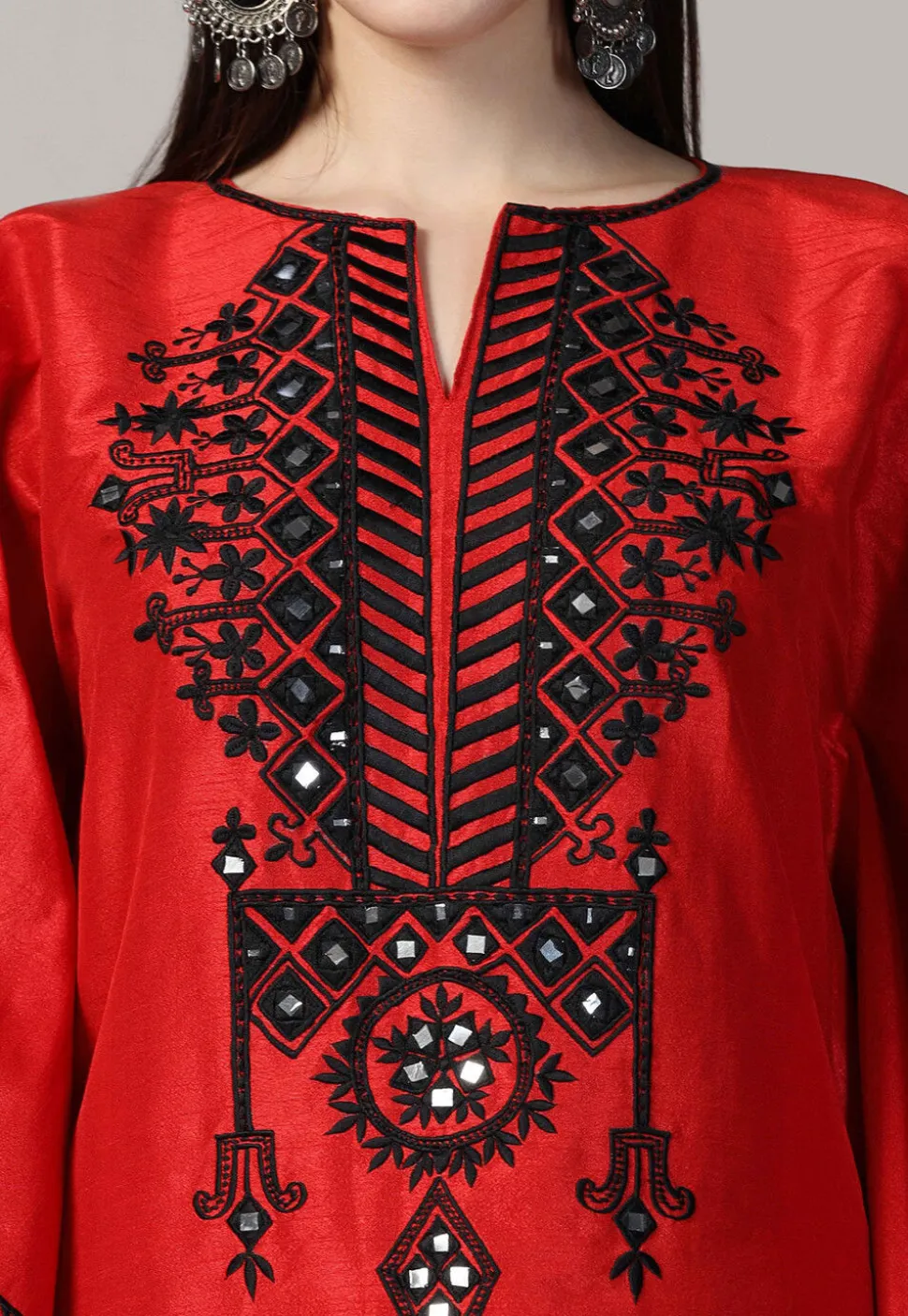 Embroidered Raw Silk Kaftan Style Dress in Red