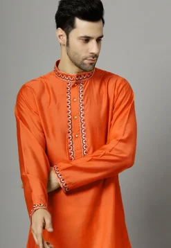 Embroidered Raw Silk Kurta Set in Orange