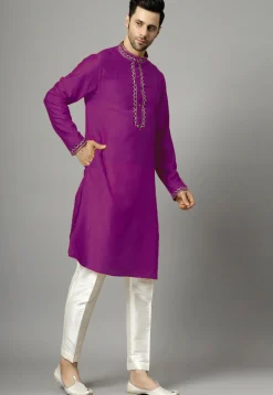 Embroidered Raw Silk Kurta Set in Purple
