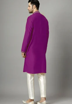 Embroidered Raw Silk Kurta Set in Purple
