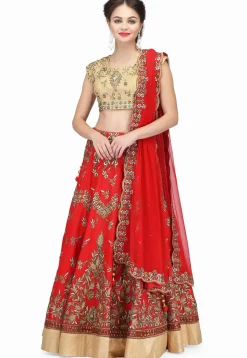 Embroidered Raw Silk Lehenga in Red