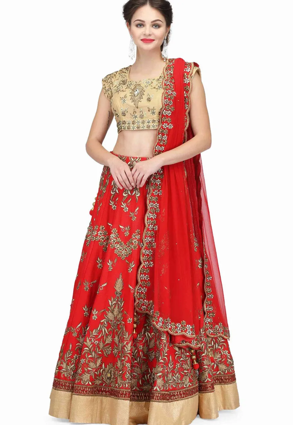 Embroidered Raw Silk Lehenga in Red