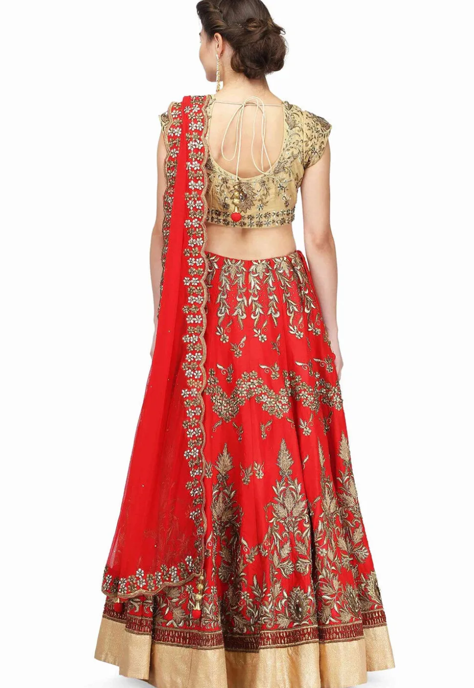 Embroidered Raw Silk Lehenga in Red