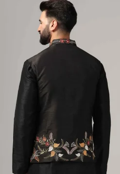Embroidered Raw Silk Nehru Jacket in Black