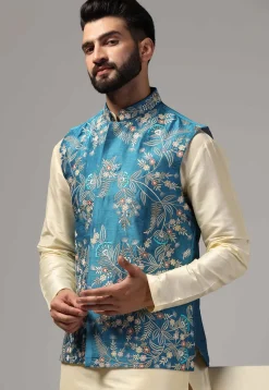 Embroidered Raw Silk Nehru Jacket in Blue