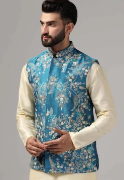 Embroidered Raw Silk Nehru Jacket in Blue