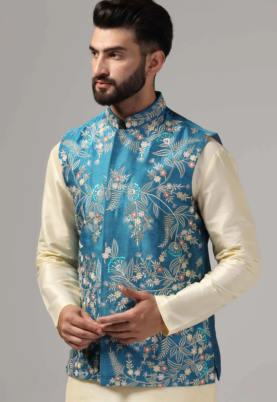 Embroidered Raw Silk Nehru Jacket in Blue
