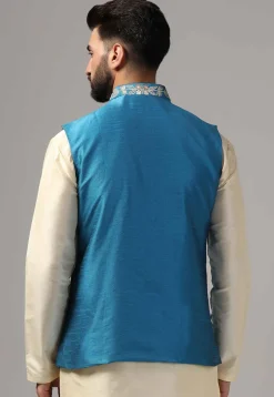 Embroidered Raw Silk Nehru Jacket in Blue