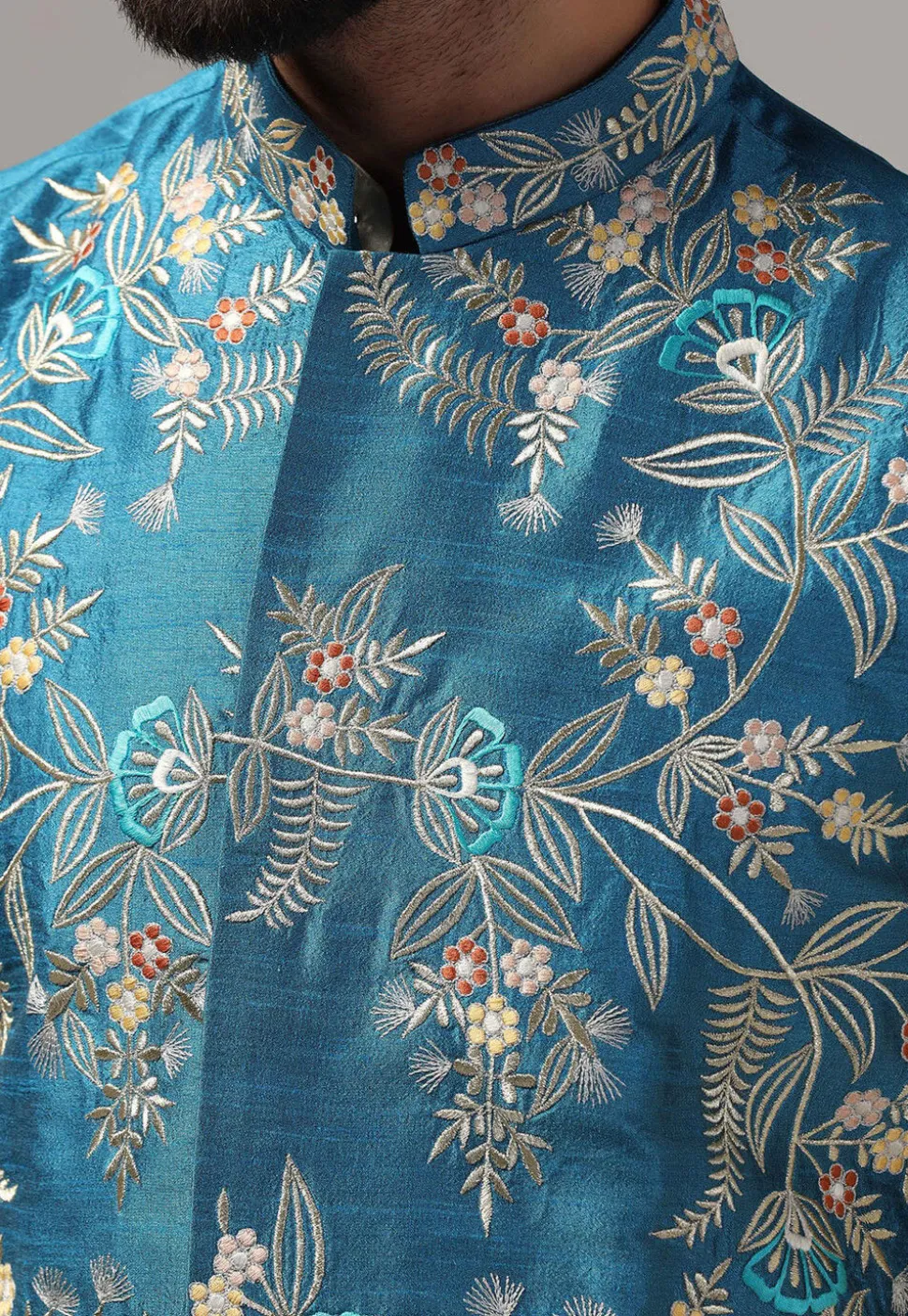 Embroidered Raw Silk Nehru Jacket in Blue