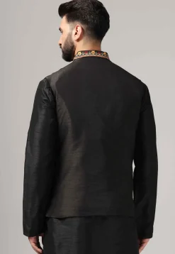 Embroidered Raw Silk Nehru Jacket in Black