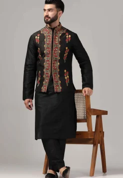 Embroidered Raw Silk Nehru Jacket in Black