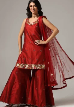 Embroidered Raw Silk Pakistani Suit in Maroon