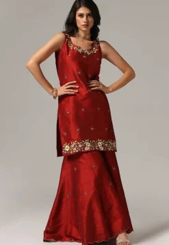 Embroidered Raw Silk Pakistani Suit in Maroon