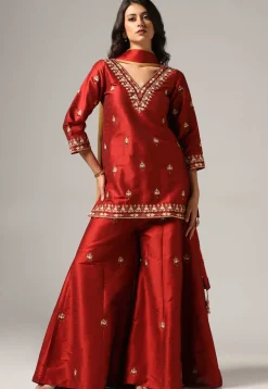 Embroidered Raw Silk Pakistani Suit in Maroon