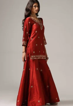 Embroidered Raw Silk Pakistani Suit in Maroon