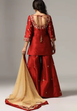 Embroidered Raw Silk Pakistani Suit in Maroon
