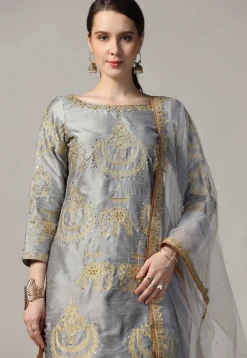 Embroidered Raw Silk Punjabi Suit in Grey