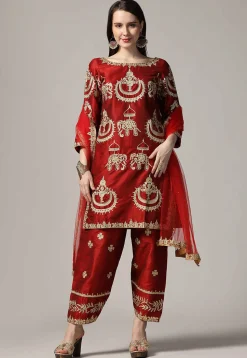 Embroidered Raw Silk Punjabi Suit in Maroon