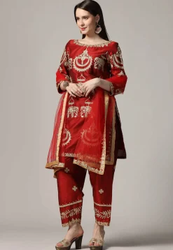 Embroidered Raw Silk Punjabi Suit in Maroon