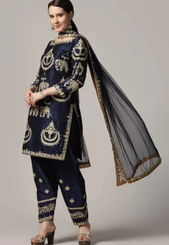 Embroidered Raw Silk Punjabi Suit in Navy Blue