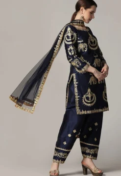 Embroidered Raw Silk Punjabi Suit in Navy Blue