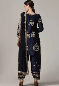 Embroidered Raw Silk Punjabi Suit in Navy Blue