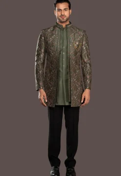 Embroidered Raw Silk Sherwani in Dark Olive Green