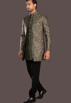 Embroidered Raw Silk Sherwani in Dark Olive Green