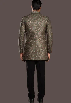 Embroidered Raw Silk Sherwani in Dark Olive Green