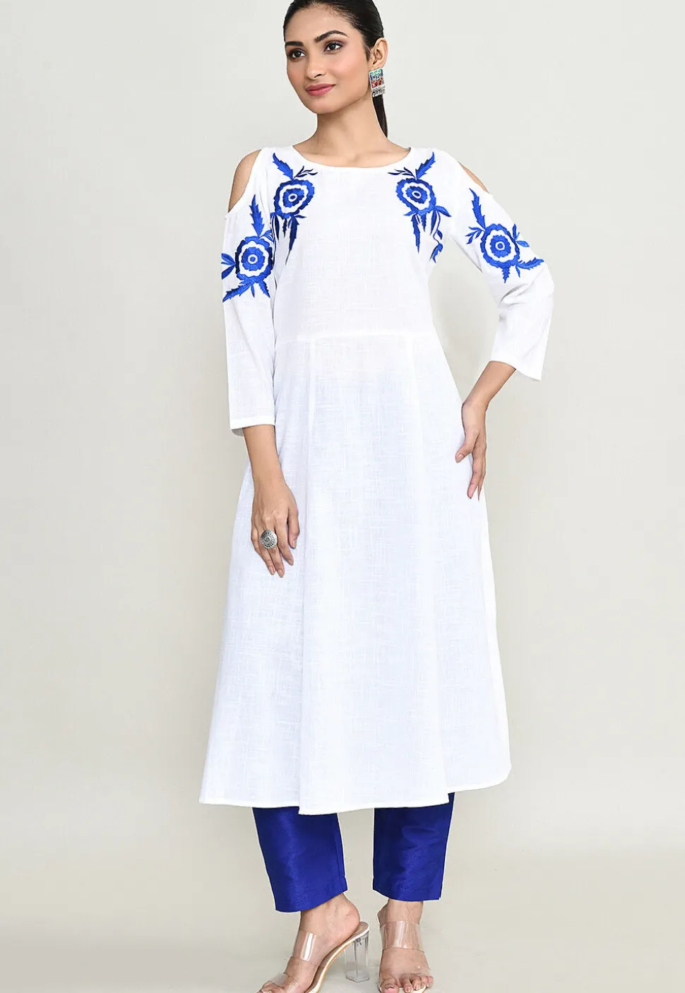 Embroidered Rayon A Line Kurta Set in Off White