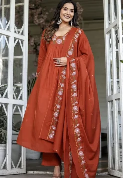 Embroidered Rayon A Line Suit in Rust