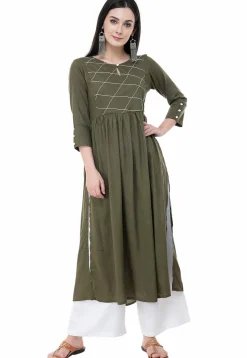 Embroidered Rayon A Line Kurta in Olive Green