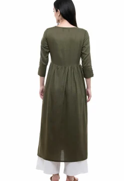 Embroidered Rayon A Line Kurta in Olive Green