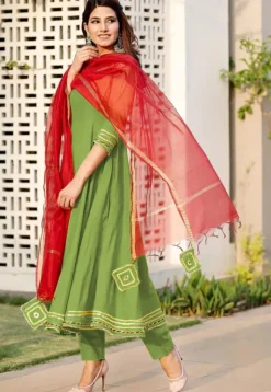 Embroidered Rayon A Line Suit in Green