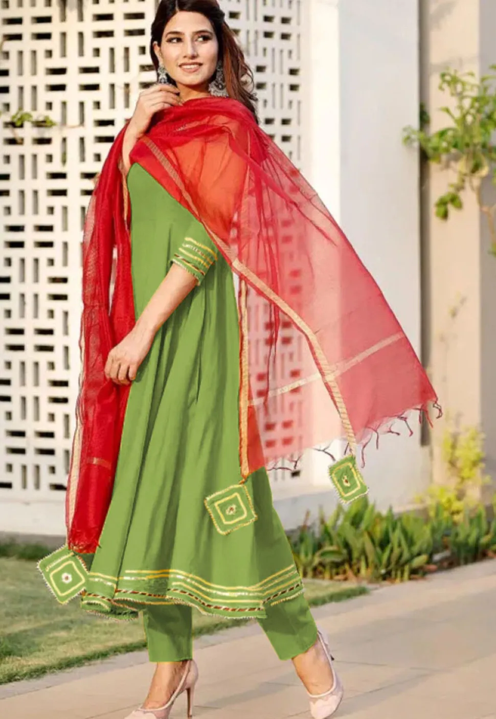 Embroidered Rayon A Line Suit in Green