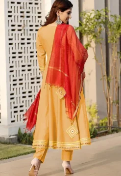 Embroidered Rayon A Line Suit in Beige