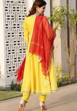 Embroidered Rayon A Line Suit in Yellow
