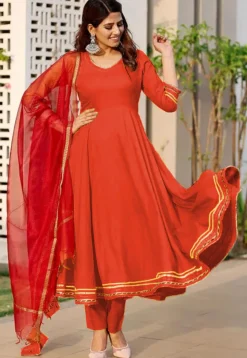 Embroidered Rayon A Line Suit in Orange