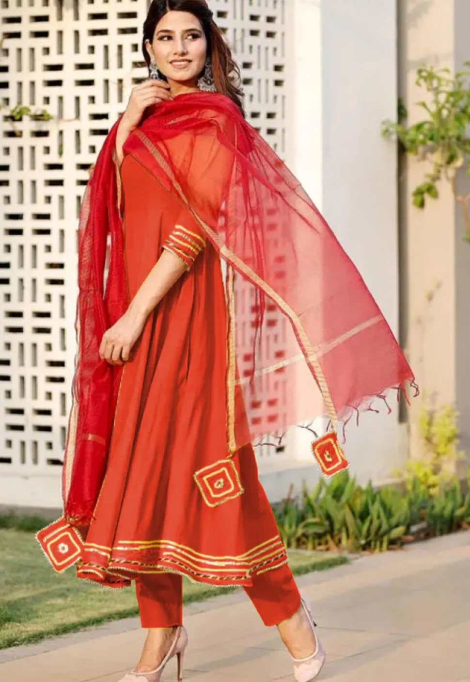 Embroidered Rayon A Line Suit in Orange