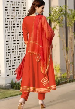 Embroidered Rayon A Line Suit in Orange