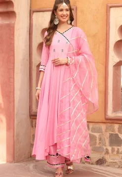 Embroidered Rayon A Line Suit in Pink