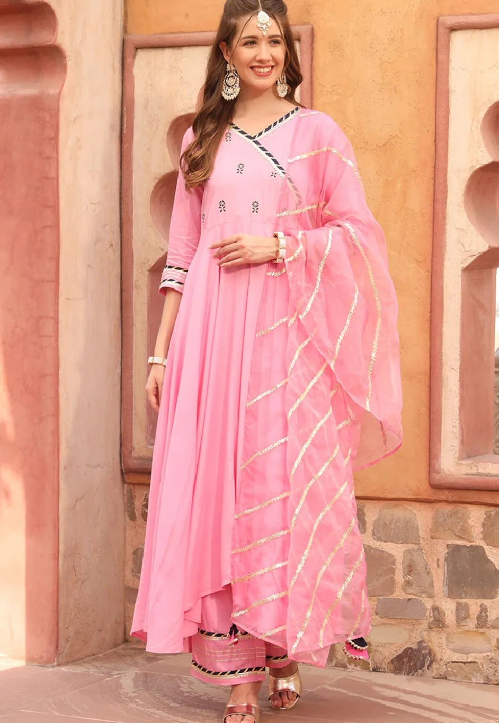 Embroidered Rayon A Line Suit in Pink