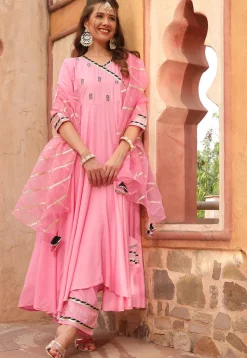 Embroidered Rayon A Line Suit in Pink
